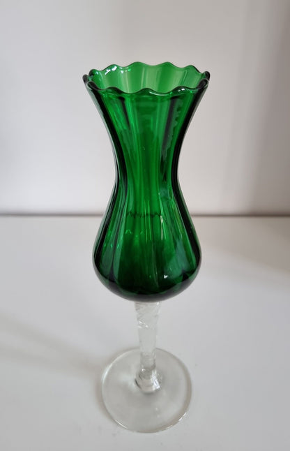 Vintage Italian Empoli Green Optic Glass Vase, Clear Twisted Stem Vase