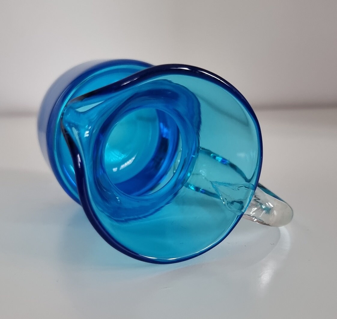 Vintage Krosno Poland Small Blue Glass Jug, Hand Blown Glass Cream Jug