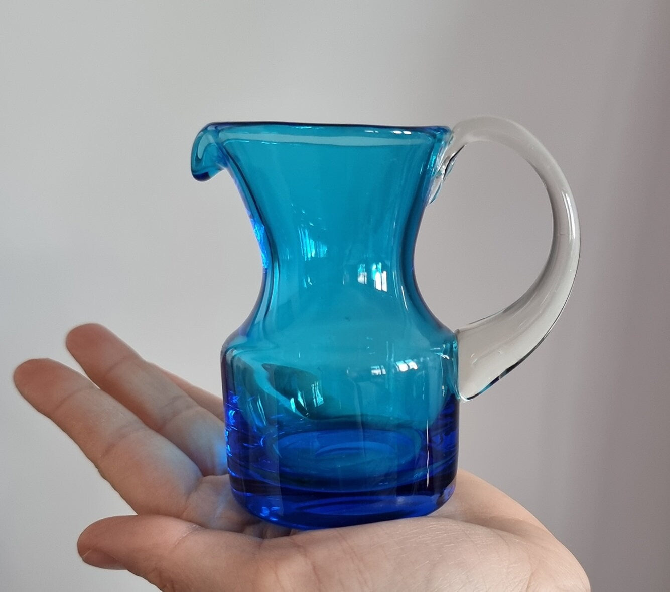 Vintage Krosno Poland Small Blue Glass Jug, Hand Blown Glass Cream Jug