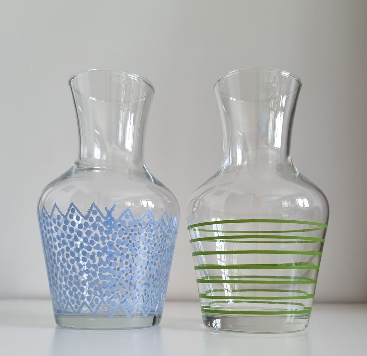 Pair Of Retro Small Glass Carafes/Vases In Blue Polka Dot & Green Stripe Design