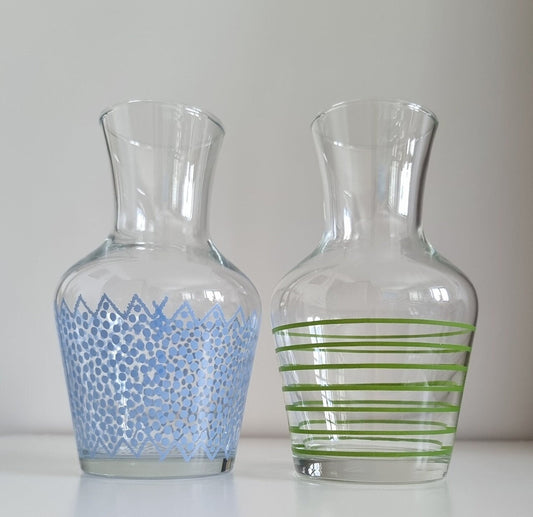 Pair Of Retro Small Glass Carafes/Vases In Blue Polka Dot & Green Stripe Design