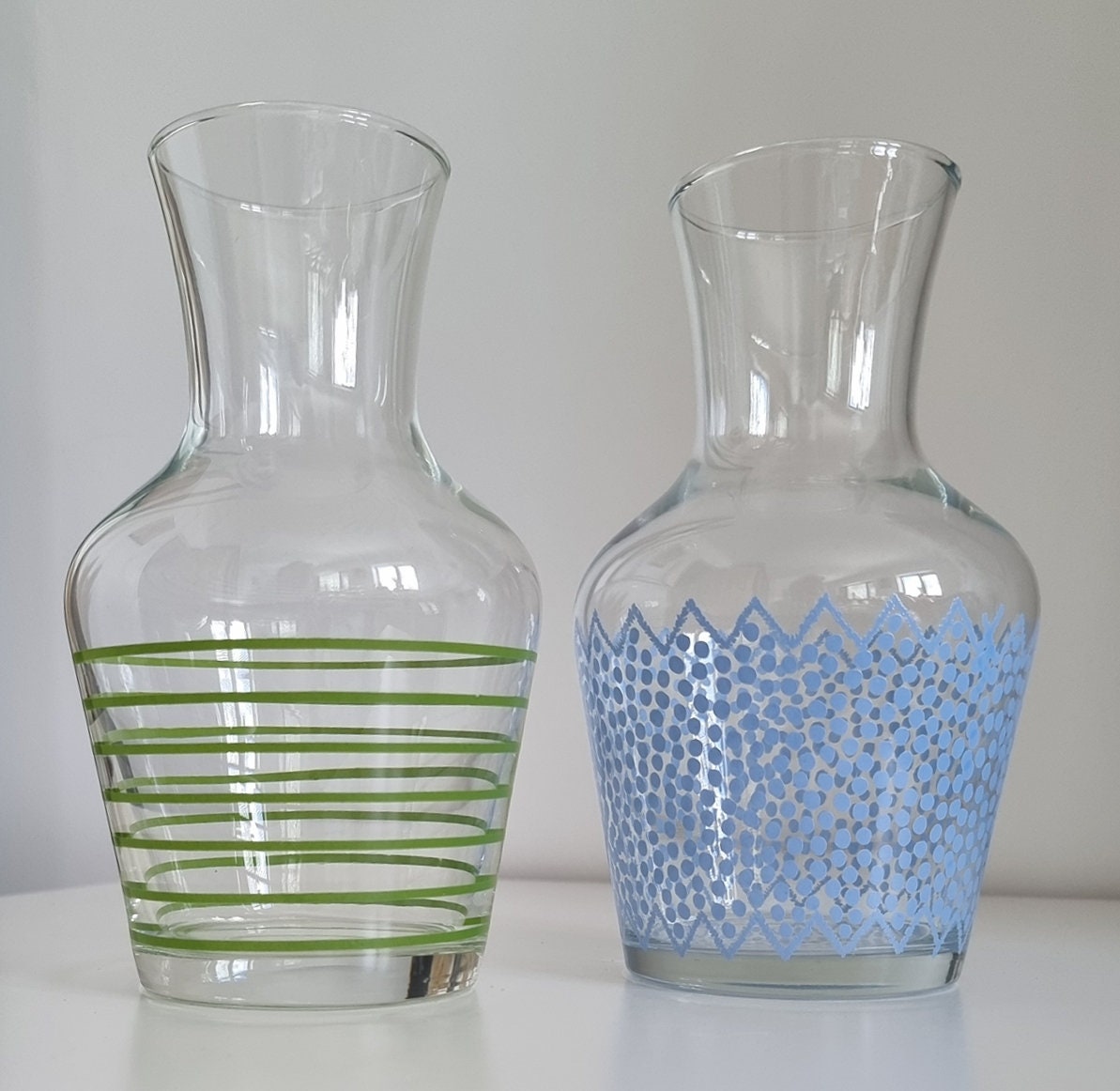 Pair Of Retro Small Glass Carafes/Vases In Blue Polka Dot & Green Stripe Design