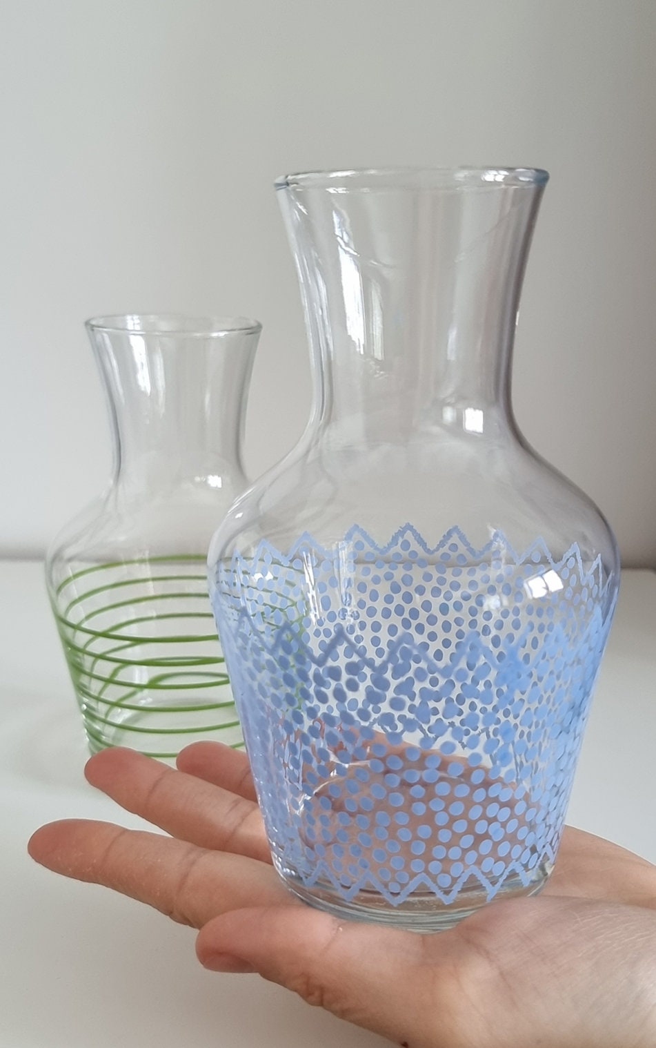 Pair Of Retro Small Glass Carafes/Vases In Blue Polka Dot & Green Stripe Design