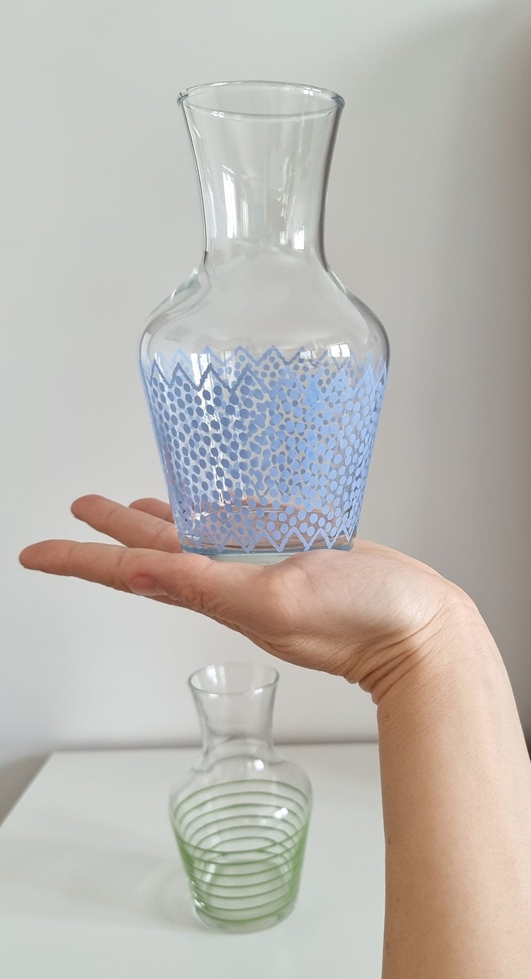 Pair Of Retro Small Glass Carafes/Vases In Blue Polka Dot & Green Stripe Design