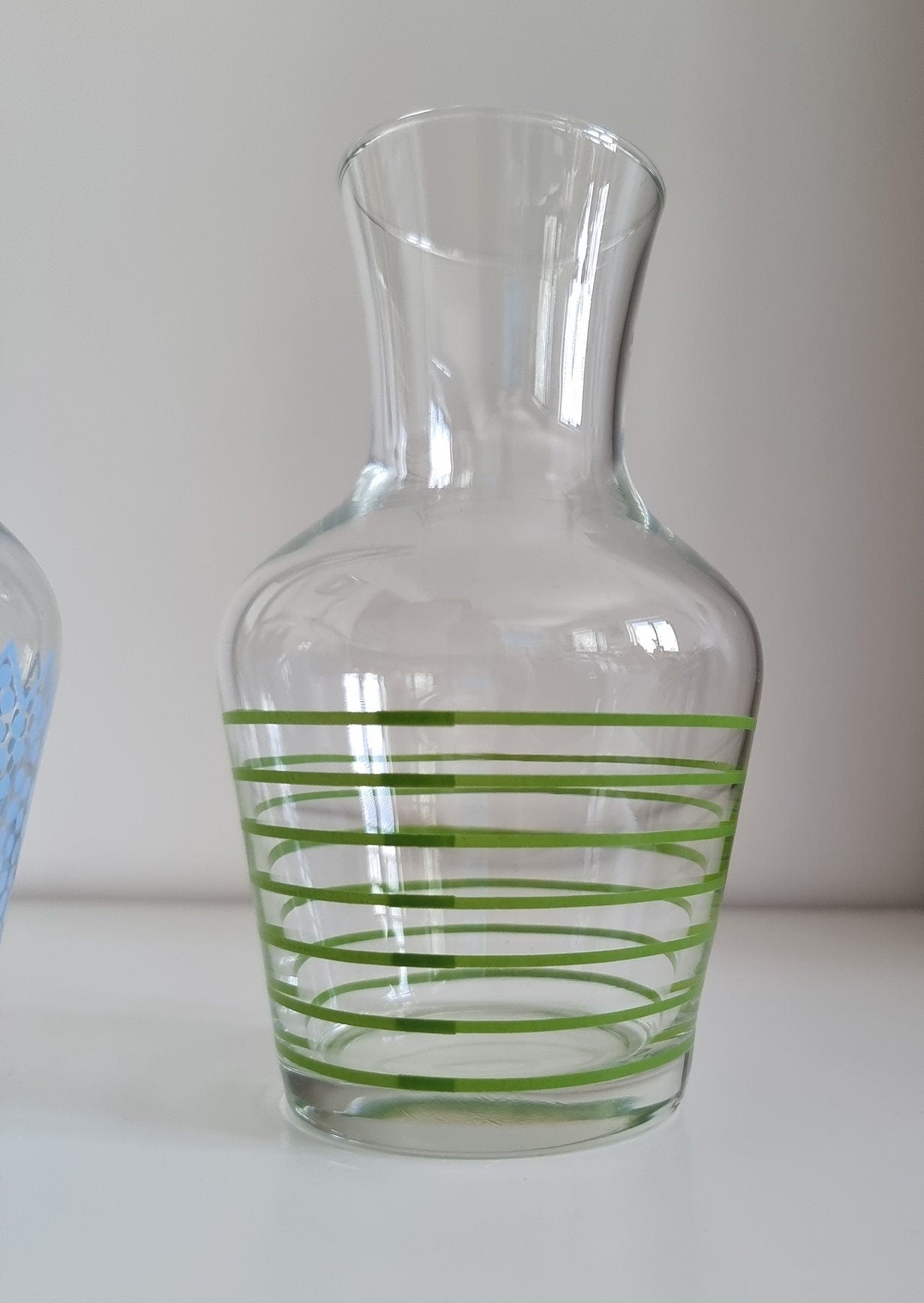 Pair Of Retro Small Glass Carafes/Vases In Blue Polka Dot & Green Stripe Design
