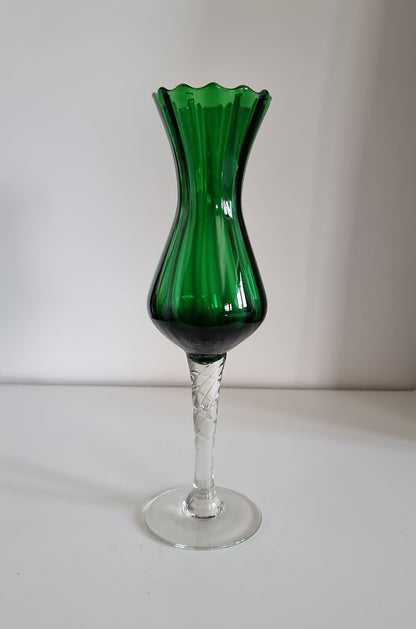 Vintage Italian Empoli Green Optic Glass Vase, Clear Twisted Stem Vase