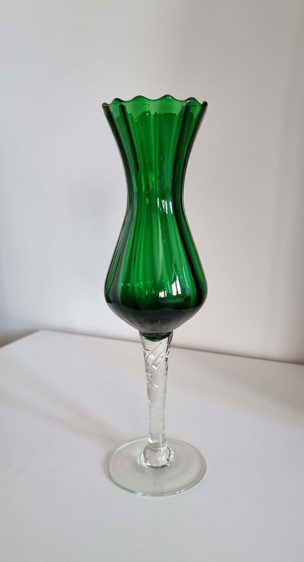 Vintage Italian Empoli Green Optic Glass Vase, Clear Twisted Stem Vase