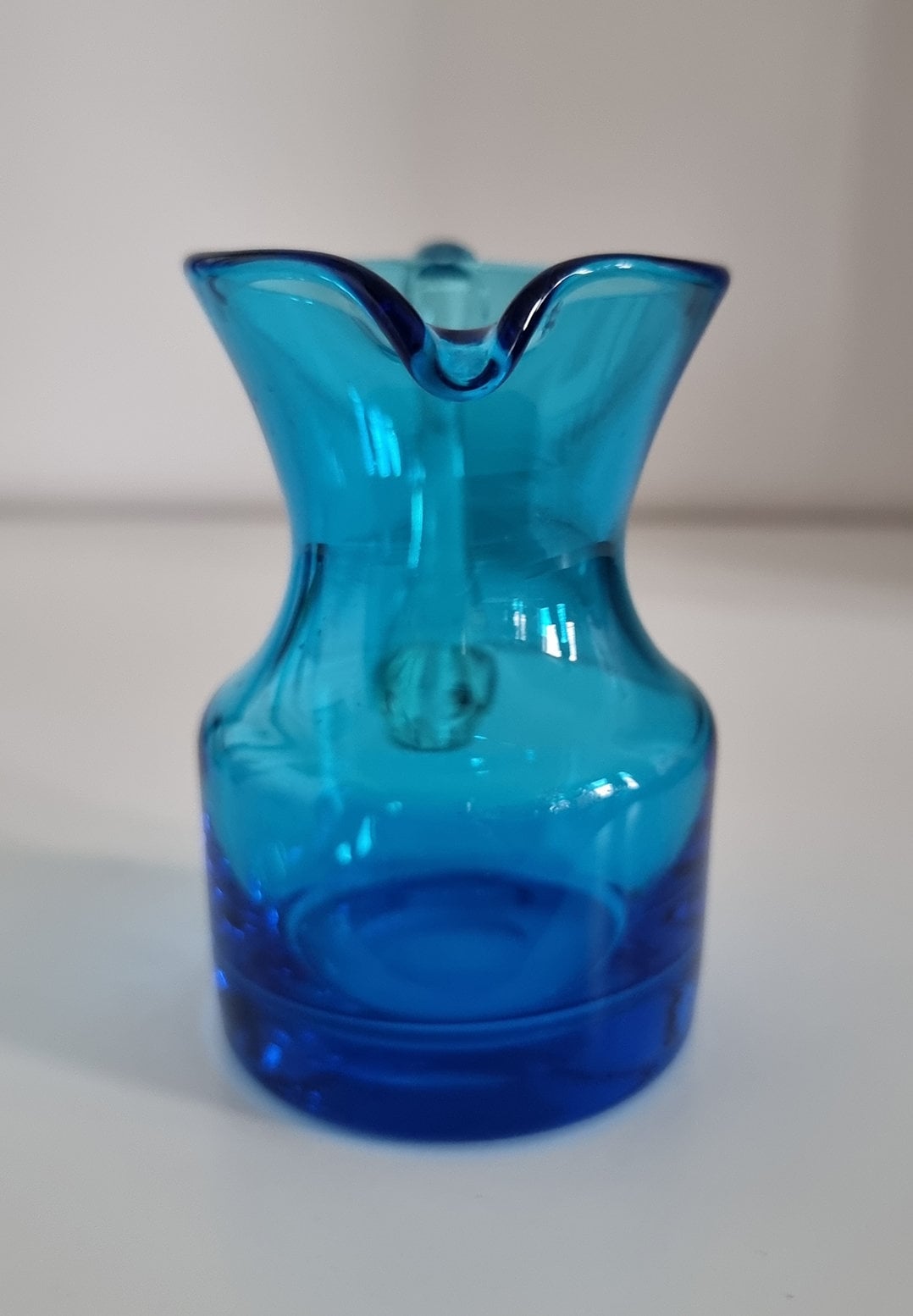 Vintage Krosno Poland Small Blue Glass Jug, Hand Blown Glass Cream Jug