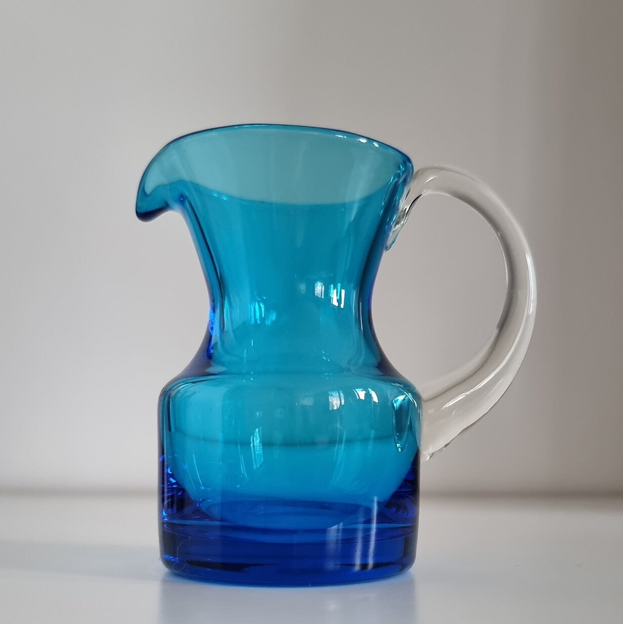 Vintage Krosno Poland Small Blue Glass Jug, Hand Blown Glass Cream Jug