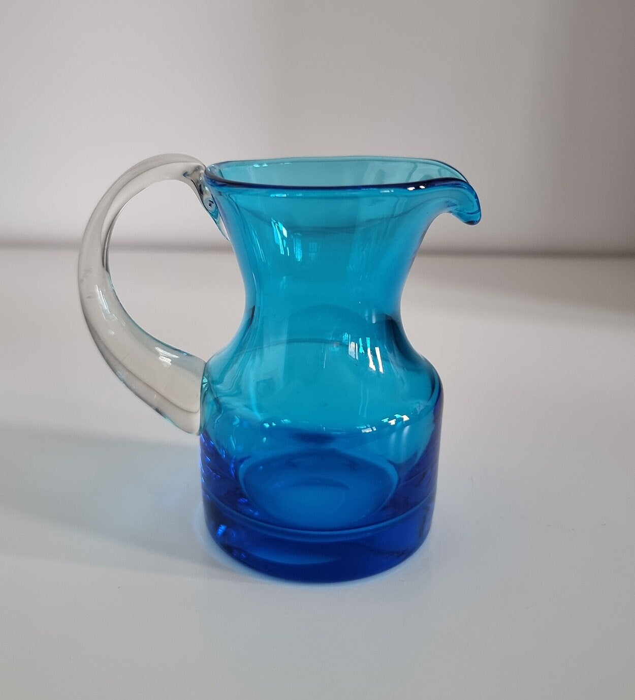 Vintage Krosno Poland Small Blue Glass Jug, Hand Blown Glass Cream Jug