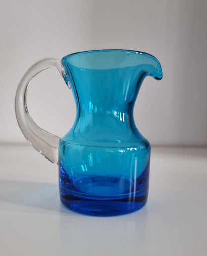 Vintage Krosno Poland Small Blue Glass Jug, Hand Blown Glass Cream Jug