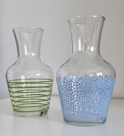 Pair Of Retro Small Glass Carafes/Vases In Blue Polka Dot & Green Stripe Design