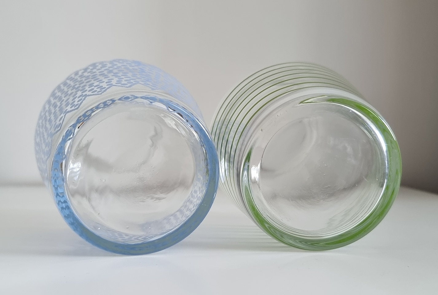 Pair Of Retro Small Glass Carafes/Vases In Blue Polka Dot & Green Stripe Design
