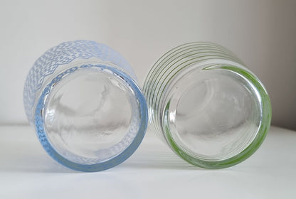 Pair Of Retro Small Glass Carafes/Vases In Blue Polka Dot & Green Stripe Design