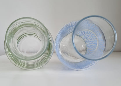Pair Of Retro Small Glass Carafes/Vases In Blue Polka Dot & Green Stripe Design