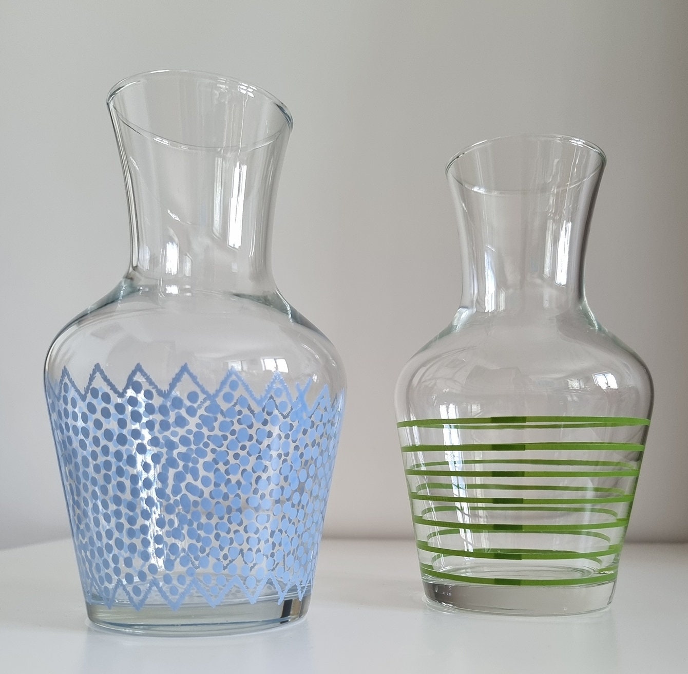 Pair Of Retro Small Glass Carafes/Vases In Blue Polka Dot & Green Stripe Design