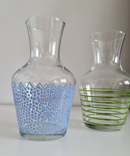 Pair Of Retro Small Glass Carafes/Vases In Blue Polka Dot & Green Stripe Design