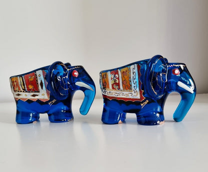 Pair Of Jose Cire Royo Blue Enamelled Glass Elephants