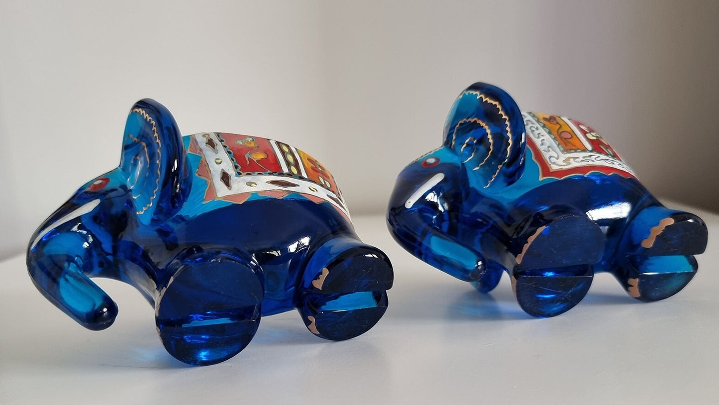 Pair Of Jose Cire Royo Blue Enamelled Glass Elephants