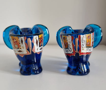 Pair Of Jose Cire Royo Blue Enamelled Glass Elephants