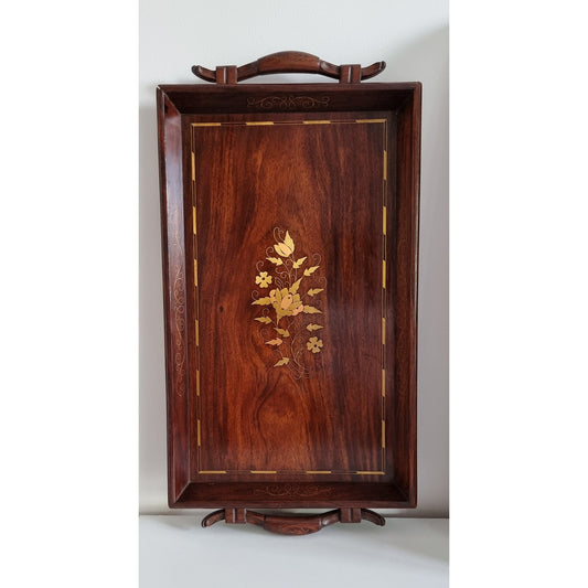 Vintage Large Wooden Serving Tray With Brass & Copper Inlay