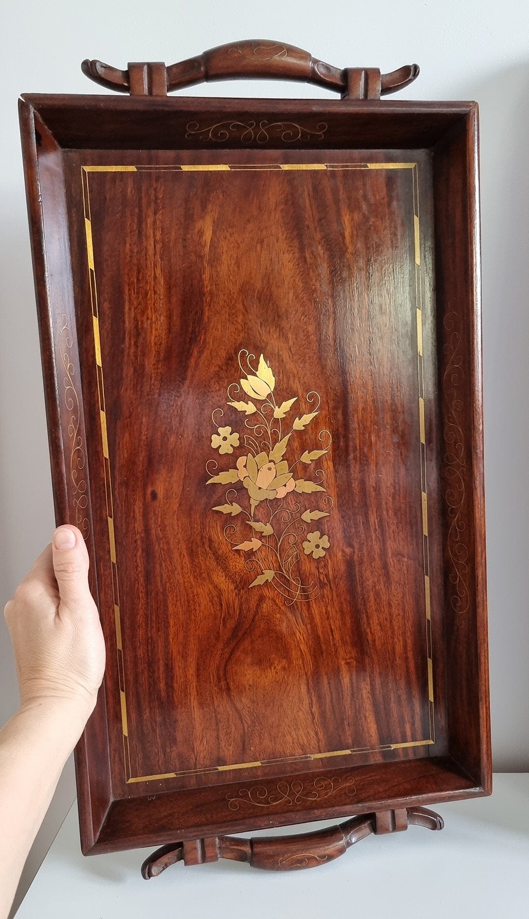 Vintage Large Wooden Serving Tray With Brass & Copper Inlay