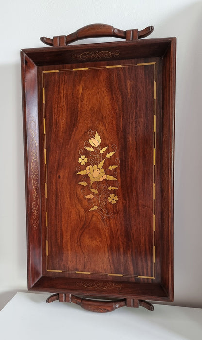 Vintage Large Wooden Serving Tray With Brass & Copper Inlay