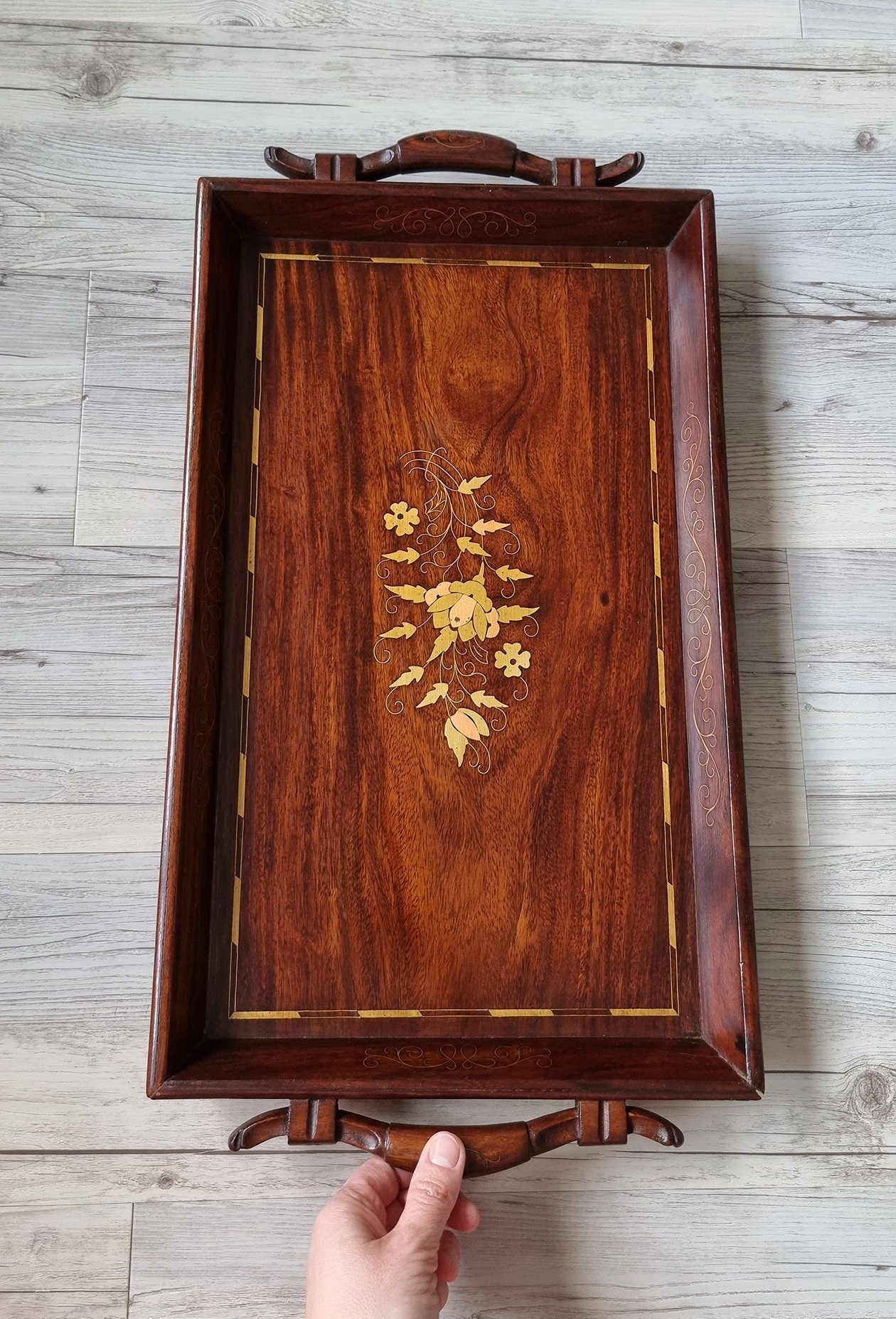 Vintage Large Wooden Serving Tray With Brass & Copper Inlay