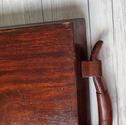 Vintage Large Wooden Serving Tray With Brass & Copper Inlay