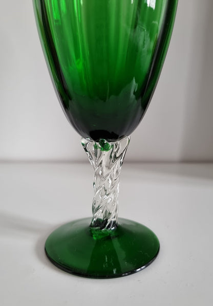 Vintage Italian Empoli Green Optic Glass Vase, Clear Twisted Stem Vase