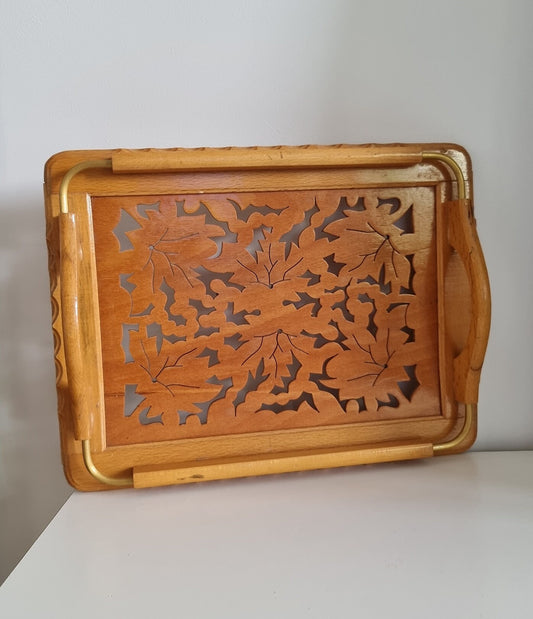 Vintage Carved Wooden Serving Tray With Handles