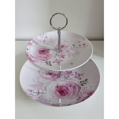 Vintage 2 Tier Cake Stand In Pink & White Floral