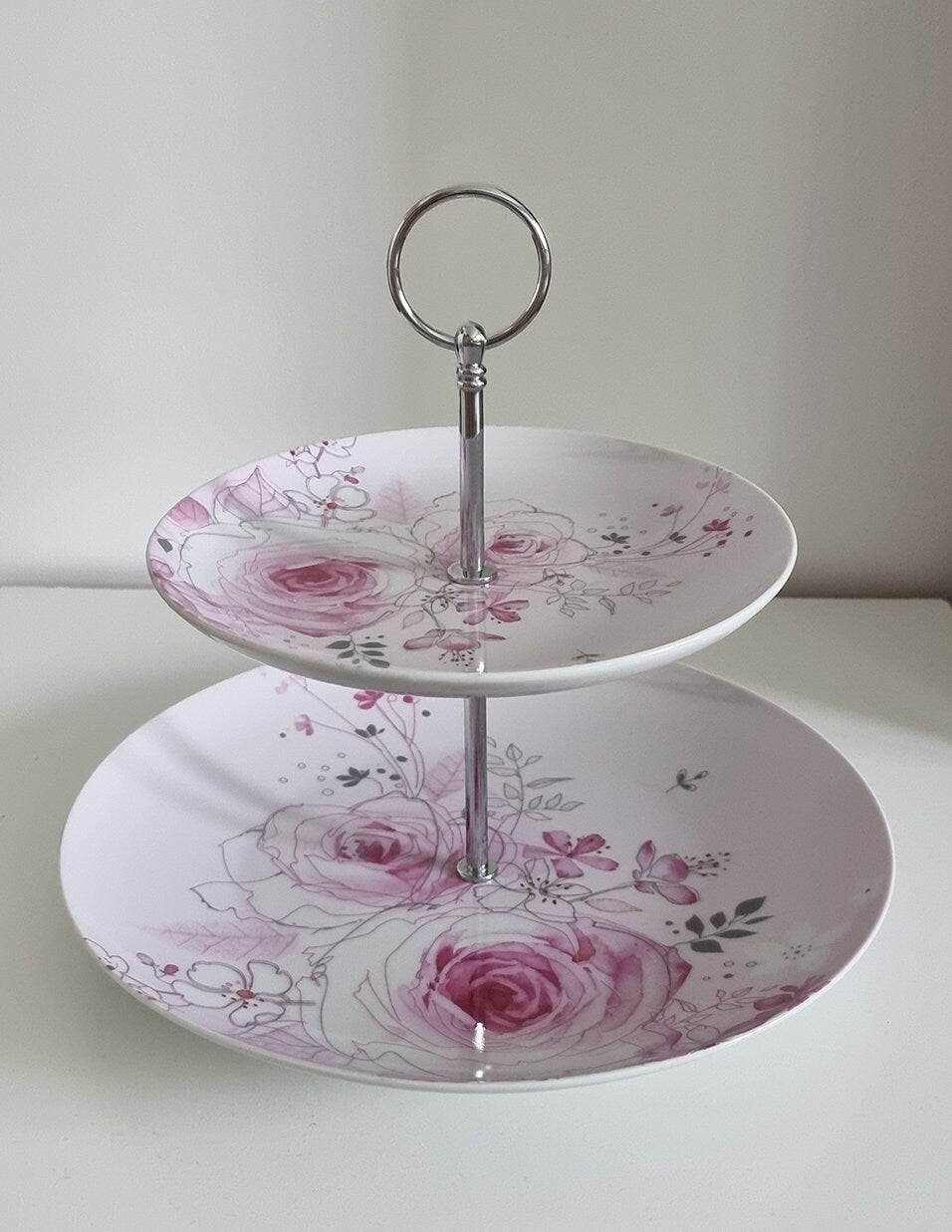 Vintage 2 Tier Cake Stand In Pink & White Floral