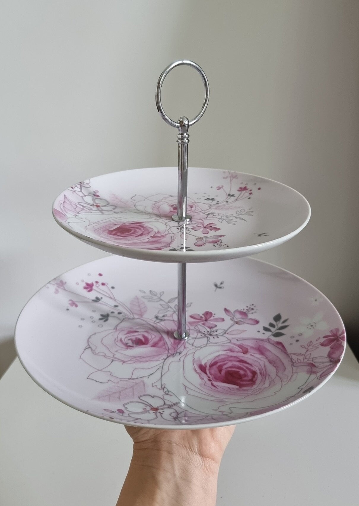 Vintage 2 Tier Cake Stand In Pink & White Floral