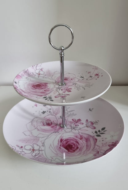 Vintage 2 Tier Cake Stand In Pink & White Floral