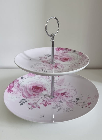 Vintage 2 Tier Cake Stand In Pink & White Floral