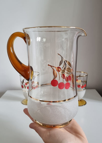 Vintage Glass Jug/Pitcher & 2 Matching Glasses With Cherry Design