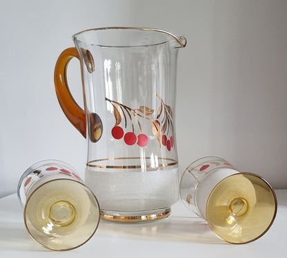 Vintage Glass Jug/Pitcher & 2 Matching Glasses With Cherry Design