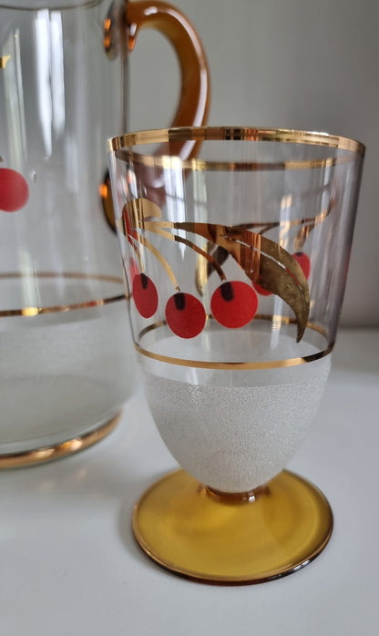 Vintage Glass Jug/Pitcher & 2 Matching Glasses With Cherry Design