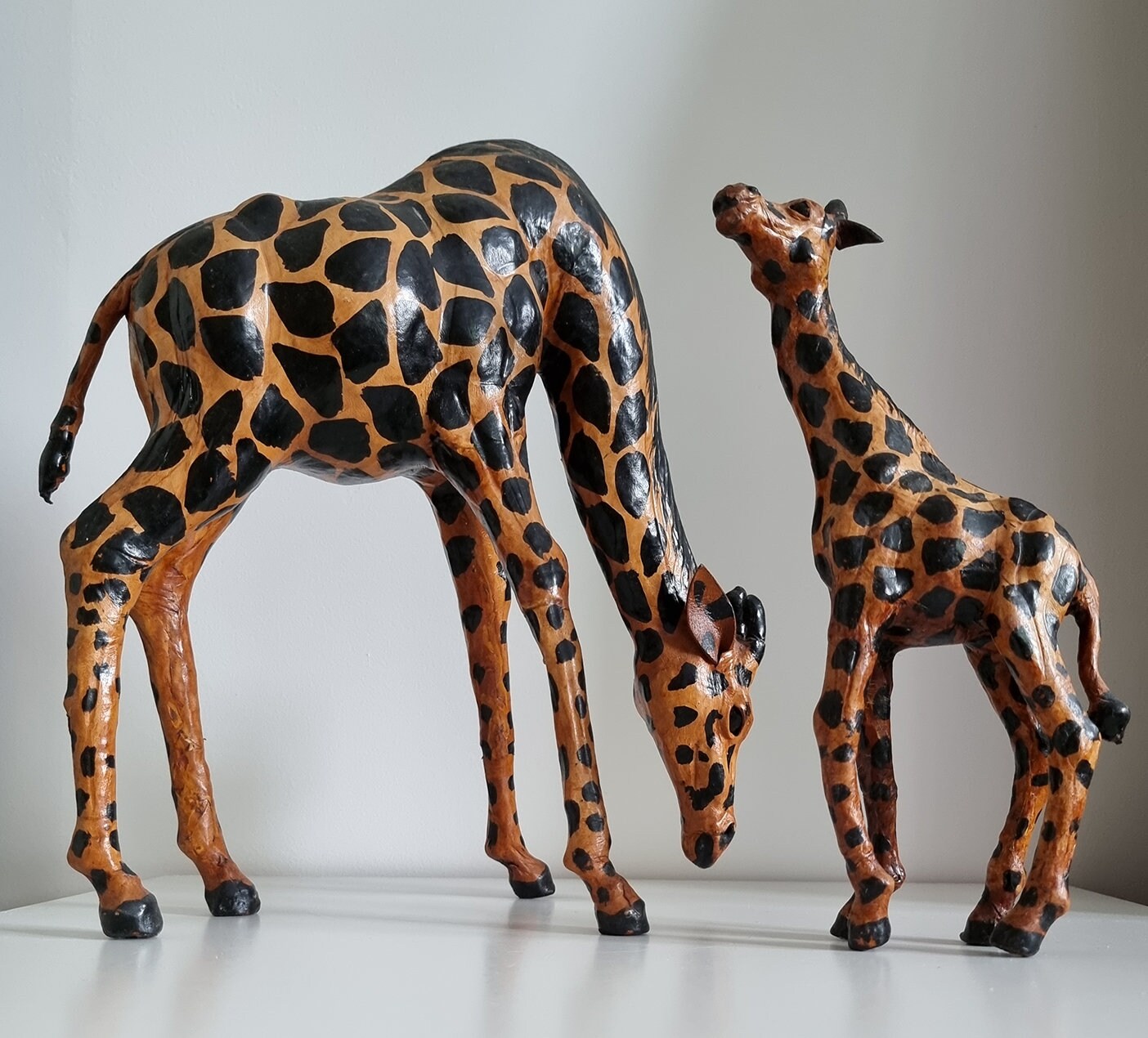 Vintage Leather Wrapped Mother & Baby Giraffes