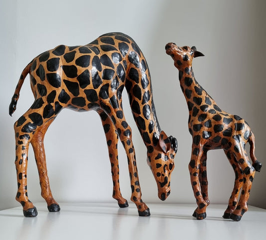 Vintage Leather Wrapped Mother & Baby Giraffes