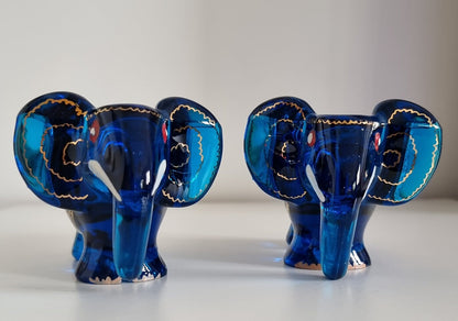 Pair Of Jose Cire Royo Blue Enamelled Glass Elephants