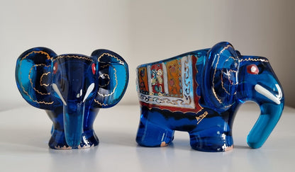 Pair Of Jose Cire Royo Blue Enamelled Glass Elephants