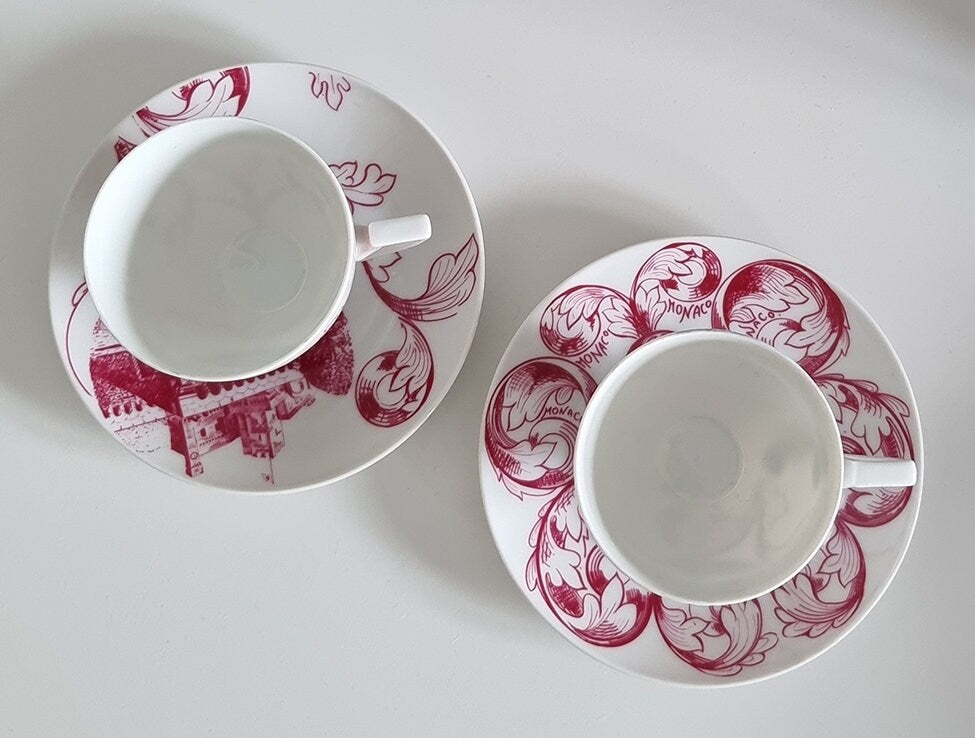 Pair Of Vintage Porcelaine de Monaco Creation Rozewicz Cups And Saucers, Princess Grace Kelly & Prince Rainier lll