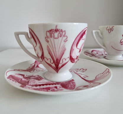 Pair Of Vintage Porcelaine de Monaco Creation Rozewicz Cups And Saucers, Princess Grace Kelly & Prince Rainier lll