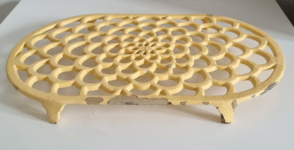 Vintage Pastel Yellow Oval Cast Iron Trivet