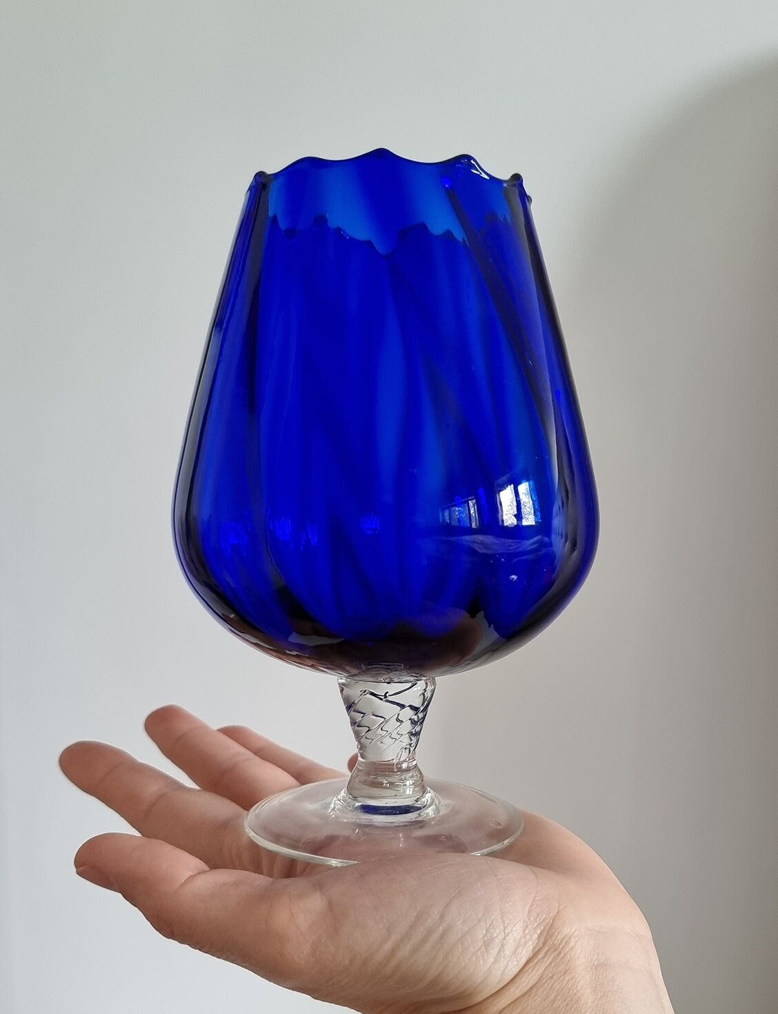 Vintage Italian Empoli Cobalt Blue Optic Glass Vase, Clear Twisted Stem Vase