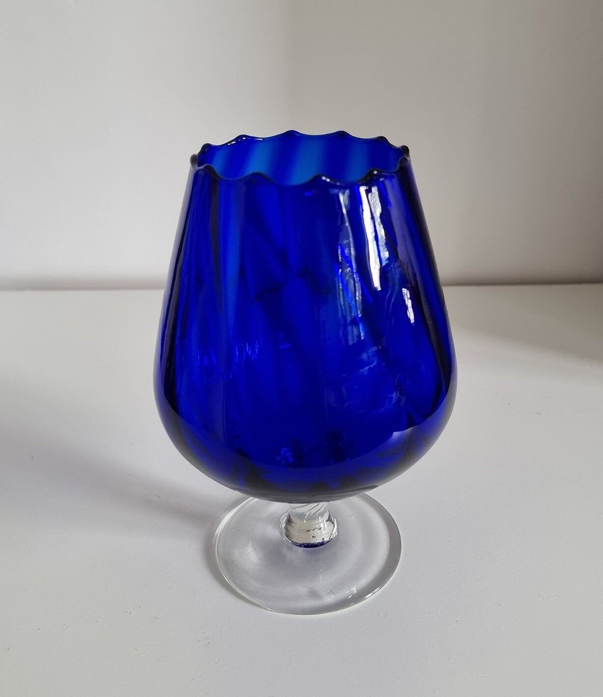 Vintage Italian Empoli Cobalt Blue Optic Glass Vase, Clear Twisted Stem Vase