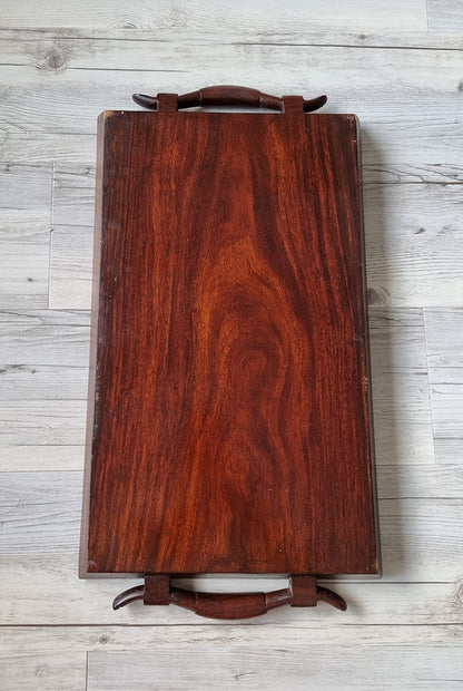Vintage Large Wooden Serving Tray With Brass & Copper Inlay