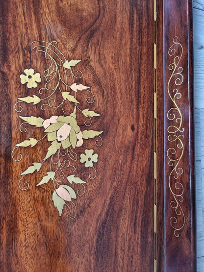Vintage Large Wooden Serving Tray With Brass & Copper Inlay